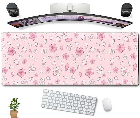 Cherry Blossom Mouse Pad Kawaii Pink XL Large Extended Gaming Desk Mat Cute Pastel Anime Desk Pad Aesthetics Laptop Keyboard Mouse Mat Women Office Decor Mousepad with Stitched Edges 31.5''x11.8'' - Pink Cherry Blossom