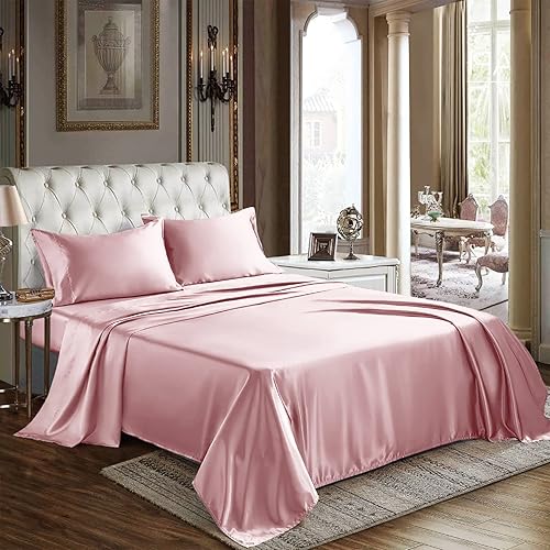 CozyLux Satin Sheets Twin Size - 3 Piece Pink Bed Sheet Set with Silky Microfiber, 1 Deep Pocket Fitted Sheet, 1 Flat Sheet, and 1 Pillowcase - Smooth and Soft - Pink - Twin