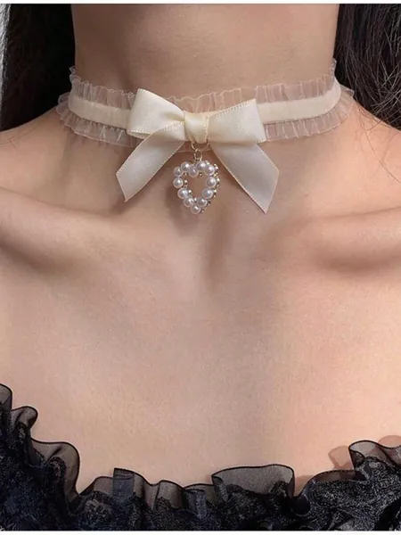 1pc European & American Style Pure Desire Lace & Faux Pearl Decor Heart & Bow Collar Necklace, Romantic Gift For Women