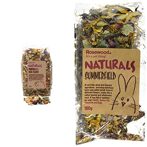 Rosewood Naturals Small Animal Treats Chinchilla & Degu Delight, 150 g & Boredom Breaker Natural Treat Summerfield, 100g, transparent - + Natural Treat Summerfield