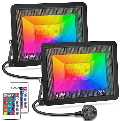 ausyde LED Floodlight 40W RGB Colour Changing Floodlight Remote Control IP66 Waterproof Dimmable Atmospheric Light for Decorative Stage Landscape Garden Tree Floodlight UK 3 pin Plug（2 Pack） - 2 Pack
