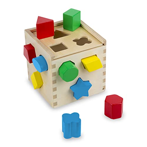 Melissa & Doug Shape Sorting Cube - Classic Wooden Toy With 12 Shapes - Kids Shape Sorter Toys For Toddlers Ages 2+ - Shape Sorting Cube