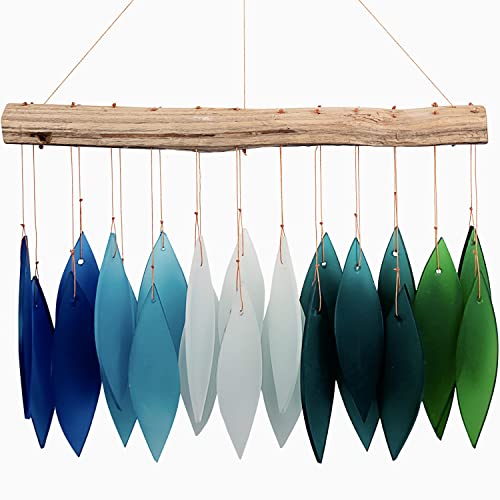 Blue Handworks Gradient Ocean Waterfall & Driftwood Chime, Sandblasted Glass and Found Wood Handcrafted Wind Chime - GEBLUEG600