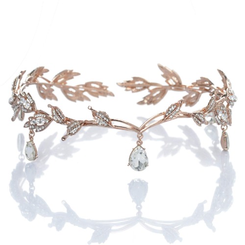 SWEETV Rhinestone Leaf Tiara in Rose Gold