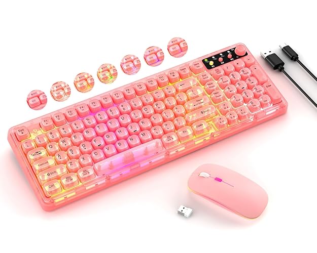 Pink Light Up Keyboard and Mouse Wireless,Cute 2.4Ghz Cordless Rechargeable Transparent Backlit Keyboard,15 Backlight Effects,Volume Knob,RGB Mouse with 3 DPI for Mac Computer PC Laptop Desktop iPad - Pink Wireless Backlit Transparent Keyboard Mouse