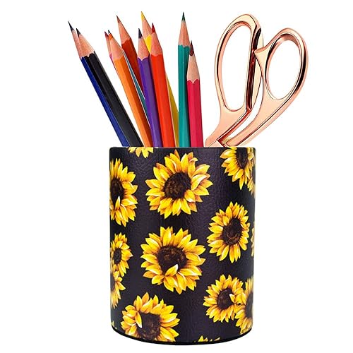 HEYGOO Sunflower Pen Holder, Pencil Holder Desk Organizer for Women Girls, Floral Makeup Brush Holder, Ideal Gift for Office, Classroom, Home(blackSunflower) - blackSunflower