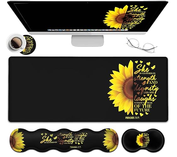 Gaming Black Mouse Pad + Keyboard Wrist Rest XL Large Mouse Mat Sunflower Christian Verse Proverbs 31-25 Extended Desk Pad Non-Slip Rubber Mice Pads Stitched Edges Pad (31.5x11.8 in) - JV-mouse pad-8-3