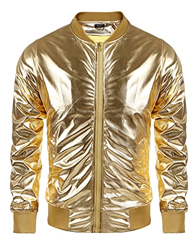 COOFANDY Men's Metallic Jacket 70s Disco Christmas Party Varsity Jacket Zip-up Baseball Bomber - XX-Large - 01-gold