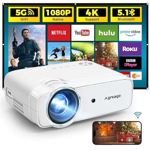 Projector with WiFi and Bluetooth, 5G WiFi Projector with Screen, Agreago Native 1080P Movie Projector 4K Supported, Home Theater Projector Compatible with TV Stick/iOS/Android/Win/HDMI/USB