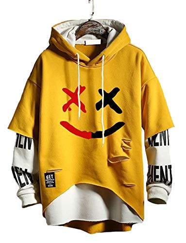 DUDHUH Mens Hoodie Fashion Pullover Letter Print Tracksuit Techwear Casual Coat Hip-Hop Sweatshirt - XX-Large - Yellow&red.black