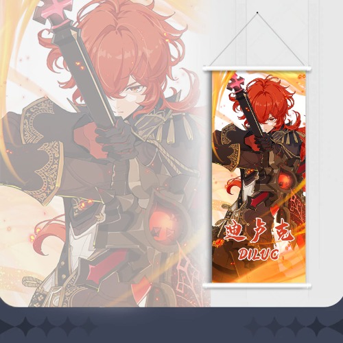 Yuedevil Diluc Scroll Poster Genshin Impact Game Hanging Wall Art Premium Artistic Canvas for Bedroom Decor