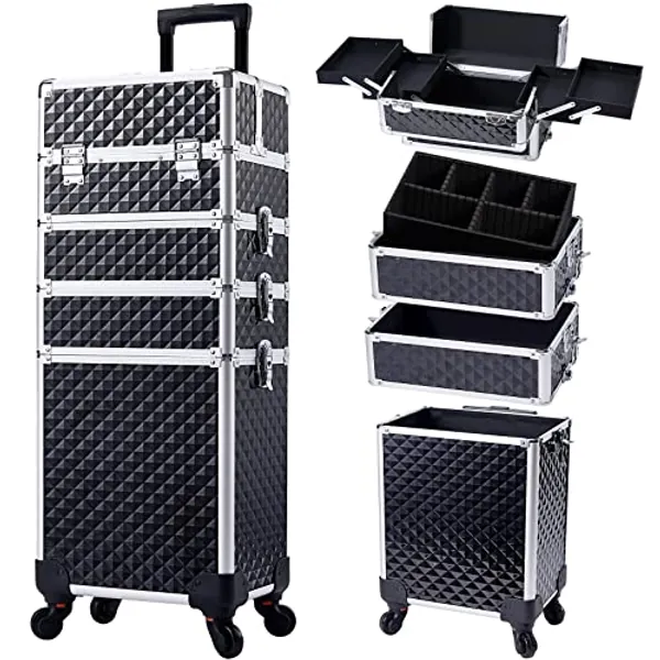 Stagiant Rolling Makeup Train Case Large Storage Cosmetic Trolley 4 in 1 Large Capacity Trolley Makeup Travel Case with Key Swivel Wheels Salon Barber Case Traveling Cart Trunk - Black