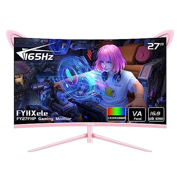 FYHXele 27 inch Gaming Monitor, Pink 1800R Curved Monitor, FHD-1920X1080P,165Hz, 1ms, Fast IPS, FreeSync Hdmi Monitor with Ultrathin, HDMI/DP/USB Vesa/Wall Mount Computer Monitor-Pink