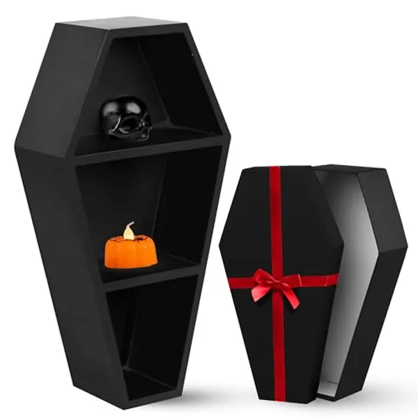 MANNY'S MYSTERIOUS ODDITIES Coffin Shelf with Coffin Storage Box and Spooky Accessories Set - Spooky Coffin Decor 14 by 7 Inches - Black