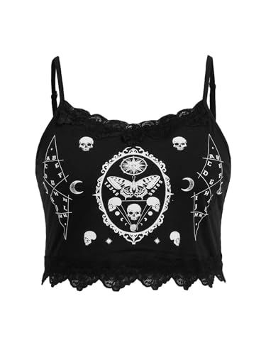 SHENHE Women's Plus Skull Print Contrast Lace Trim Strap Cami Y2K Camisole Tops - 4X-Large Plus - Black
