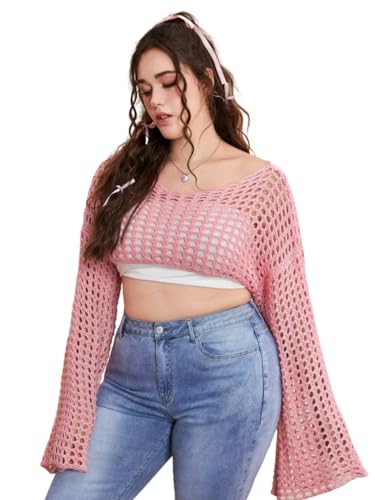 Floerns Women's Plus Size Boat Neck Long Sleeve Hollow Out Crochet Cropped Sweater - 4X-Large Plus - Pink