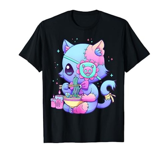 Pastel Goth Aesthetic Kawaii Creepy Cat Eating Ramen Noodles T-Shirt - Youth - Royal Blue - Large