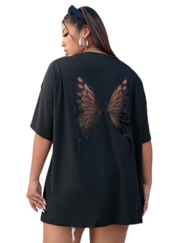 SOLY HUX Women's Plus Size Butterfly Embroidered Cut Out Back Half Sleeve T Shirt Casual Tee Tops - 4X-Large Plus - Black