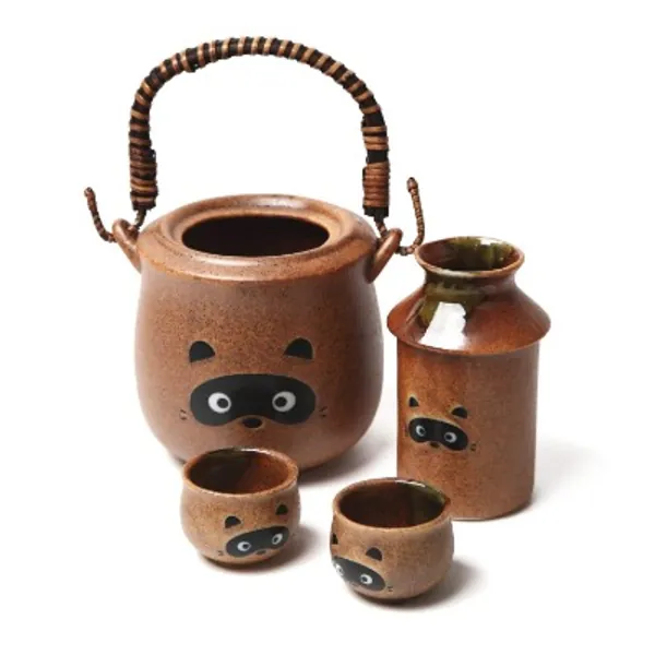 4 piece Tanuki Raccoon Sake Set