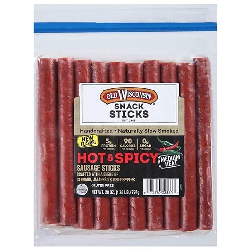 Old Wisconsin Hot & Spicy Sausage Snack Sticks, 28oz Resealable Package, Naturally Smoked, Ready to Eat, High Protein, Low Carb, Keto, Gluten Free - Hot & Spicy - 28oz Sticks