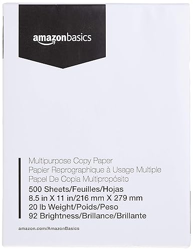 Amazon Basics Multipurpose Copy Printer Paper, 8.5 x 11 inches, 20 lb, 1 Ream, 500 Sheets, 92 Bright, White - 1 Ream | 500 Sheets
