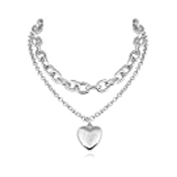 Chunky Double Layered Pendant Necklace: 14k Gold Plated Heart Shaped Thick Cable Chain Fashion Jewelry - Silver Paperclip Dainty Trendy Multilayer Long Necklace for Women Men Girls