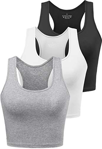 Sports Crop Tank Tops for Women Cropped Workout Tops Racerback Running Yoga Tanks Cotton Sleeveless Gym Shirts 3 Pack - Black White Grey - Small