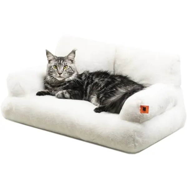 Pet Couch Bed, Washable Cat Beds for Medium Small Dogs & Cats up to 25 lbs, Durable Dog Beds with Non-Slip Bottom, Fluffy Cat Couch, 26×19×13 Inch (Beige)