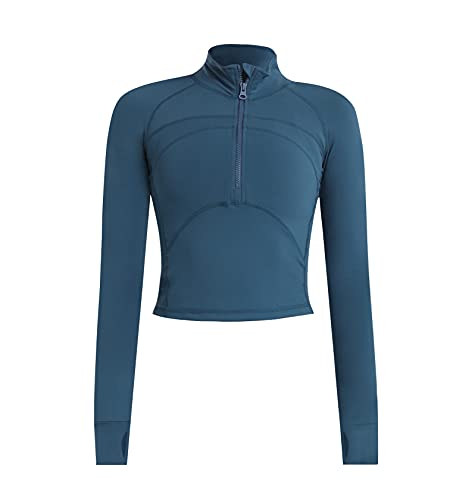 Women's Cropped Workout Jacket 1/2 Zip Pullover Running Athletic Outwear Slim Fit Long Sleeve Yoga Top - Blue - Small