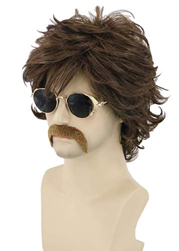 LeMarnia 70s Mens Wigs Brown Short Wavy Shaggy Wig Cosplay Halloween Costume Wigs+Wig Cap and Beard - Brown