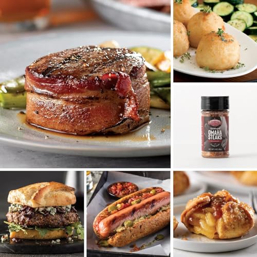 Omaha Steaks Deluxe Gift Package (4x Bacon-Wrapped Filet Mignons, 4x PureGround Filet Mignon Burgers, 4x Gourmet Jumbo Franks, 4x Potatoes au Gratin, 4x Caramel Apple Tartlets, 1 jar Omaha Steaks Seasoning) - Deluxe