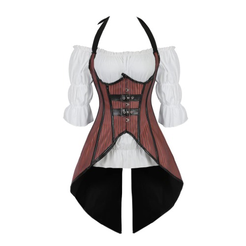 Hengzhifeng Corset Carnival Costumes Steampunk for Women Underbust Bustiers with Pirate Blouse Set - Medium brown