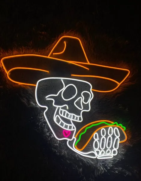 Neon Skull Eating a Taco