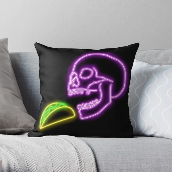 Neon Skull eating a Taco - DibsOnTacos | Throw Pillow