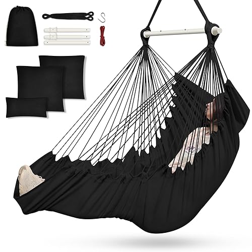 Hammock Chair, Cotton Rope Handwoven Chair with Collapsible Metal Spreader Bar Max 440 LBS for Indoor&Outdoor, Patio, Garden, Yard - Black