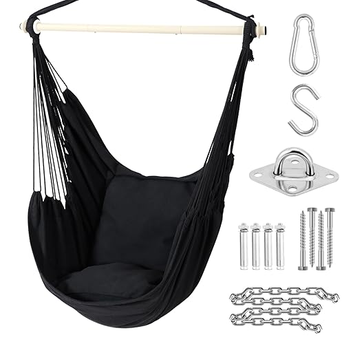 Ohuhu Hanging Chair Swing Chair with Hanging Kit, Extra Comfortable XL Portable Hammock Chair with 2 Cushions Metal Support Bar Side Pocket for Indoor Outdoor Bedroom Patio, Black - Black