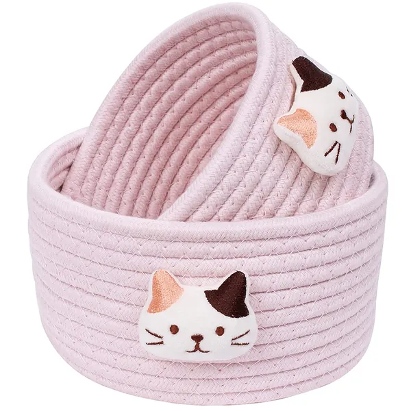 LixinJu Small Basket for Organizing Small Woven Basket Set of 2 Cat Small Rope Basket Decorative Mini Storage Bins Round Little for Desk Dog Cat Toy Kids Baby Girls Gifts, Pink - Cat -2Pack