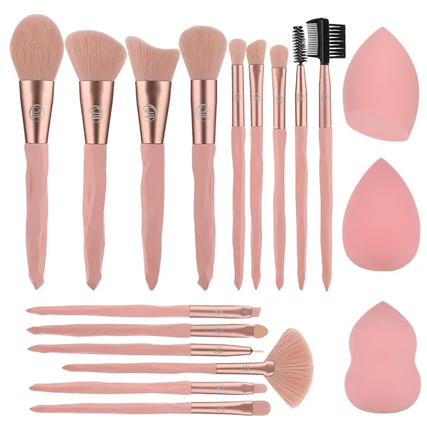 15Pcs Pink Makeup Brushes Premium Synthetic Eyeshadow Foundation Face Blending Blush Concealers Eye Makeup Brushes Set Professional for Women Kids Makeup Brushes Tools Accessories with 3Pcs Sponges