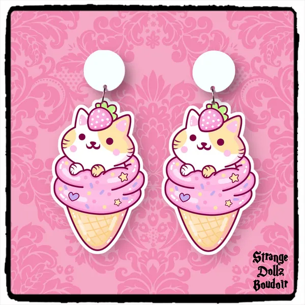 Cute cat earrings, 925 sterling silver, strawberry, ice cream, Cute pastel, Strange Dollz Boudoir