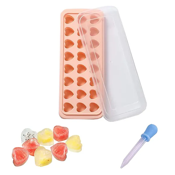 Chaojia Ice Cube Tray with Lid Stars Moons Love Hearts Shape 24 Cavity Silicone Safe Durable Whiskey Ice Ball Maker Kitchen Tools (Love-Pink)