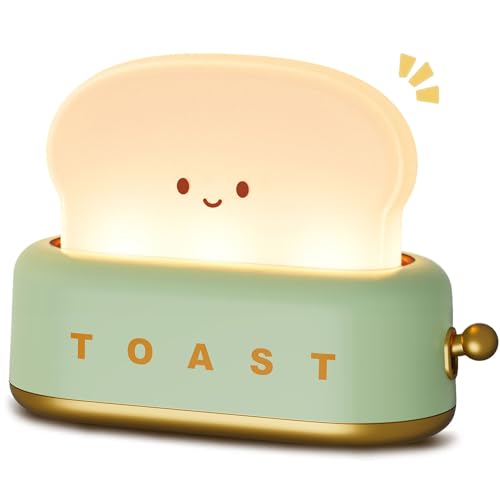 WANIDEA Toaster Lamp Night Light, Cute Kawaii Decor for Bedroom Bedside, Rechargeable LED Toast Bread with Timer & Adjustable Brightness, Best Gifts for Women Girls Boys Teenagers - Green