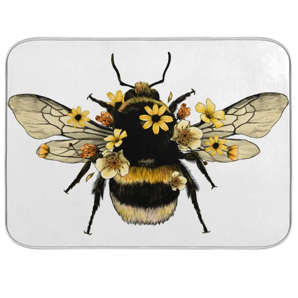 Aflyko Bee Flower Cute Dish Drying Mat Countertop Protector Kitchen Decor 16" × 18" - 16" by 18" Bee Daisy