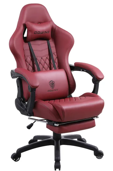 Dowinx Gaming Chair Office Desk Chair with Massage Lumbar Support, Vintage Style Armchair PU Leather E-Sports Gamer Chairs with Retractable Footrest (Red) - Wine Red