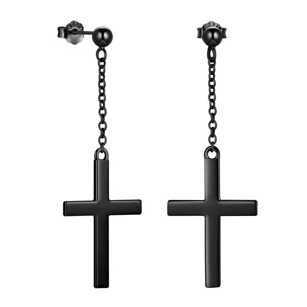 Mens Cross Earrings 925 Sterling Silver Religious Christian Cross Dangle Earrings for Mens Womens Asymmetric Cross Earrings Amulet Jewelry Gift for Christmas Day Thanksgiving Halloween Valentine Day Gifts with Gift Box - I-Chain Cross Earrings Black