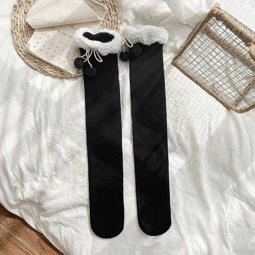 Cozy Wool Pompom Stockings - Black / Over Knee