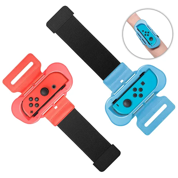 Wrist Bands for Just Dance 2022 2021 2020 and for Zumba Burn It Up Compatible with Nintendo Switch for Joy-Cons & Switch OLED Model , Adjustable Elastic Strap, Two Size for Adults and Children, 2 Pack - Red & Blue