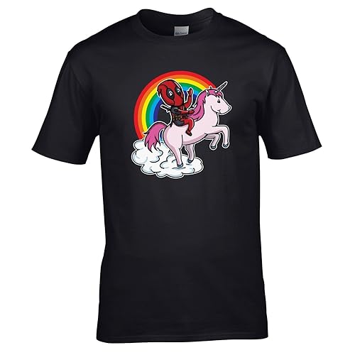 Deadpool Riding a Unicorn Cartoon Rainbow T Shirt - XL - Black