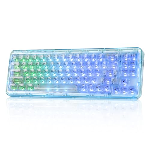 YUNZII X71 Transparent Mechanical Keyboard with Clear Keycaps, BT5.0/2.4G/USB-C Wired Gaming Keyboard 68% Layout,Gasket Mount Wireless RGB Gaming Keyboard for Win/Mac(Crystal Ice Switch,Cyan) - Crystal Ice Switch - Cyan