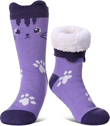 FNOVCO Cat Socks Fuzzy Slipper Socks for Women with Grippers, Cozy Warm Sherpa Lined Slipper Socks - 10-12 - Purple