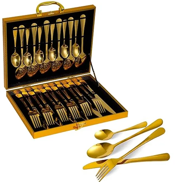 Emily Essentials 24-Piece Gold Cutlery Set | Elegant Gold Plated Stainless Steel Cutlery Set, Gold Cutlery Set for 6 People, Includes, Forks, Knives, Spoons, Ideal for Entertaining - 24